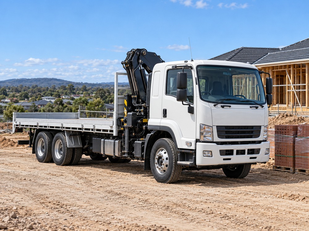 White crane truck with a folded crane on a housing site