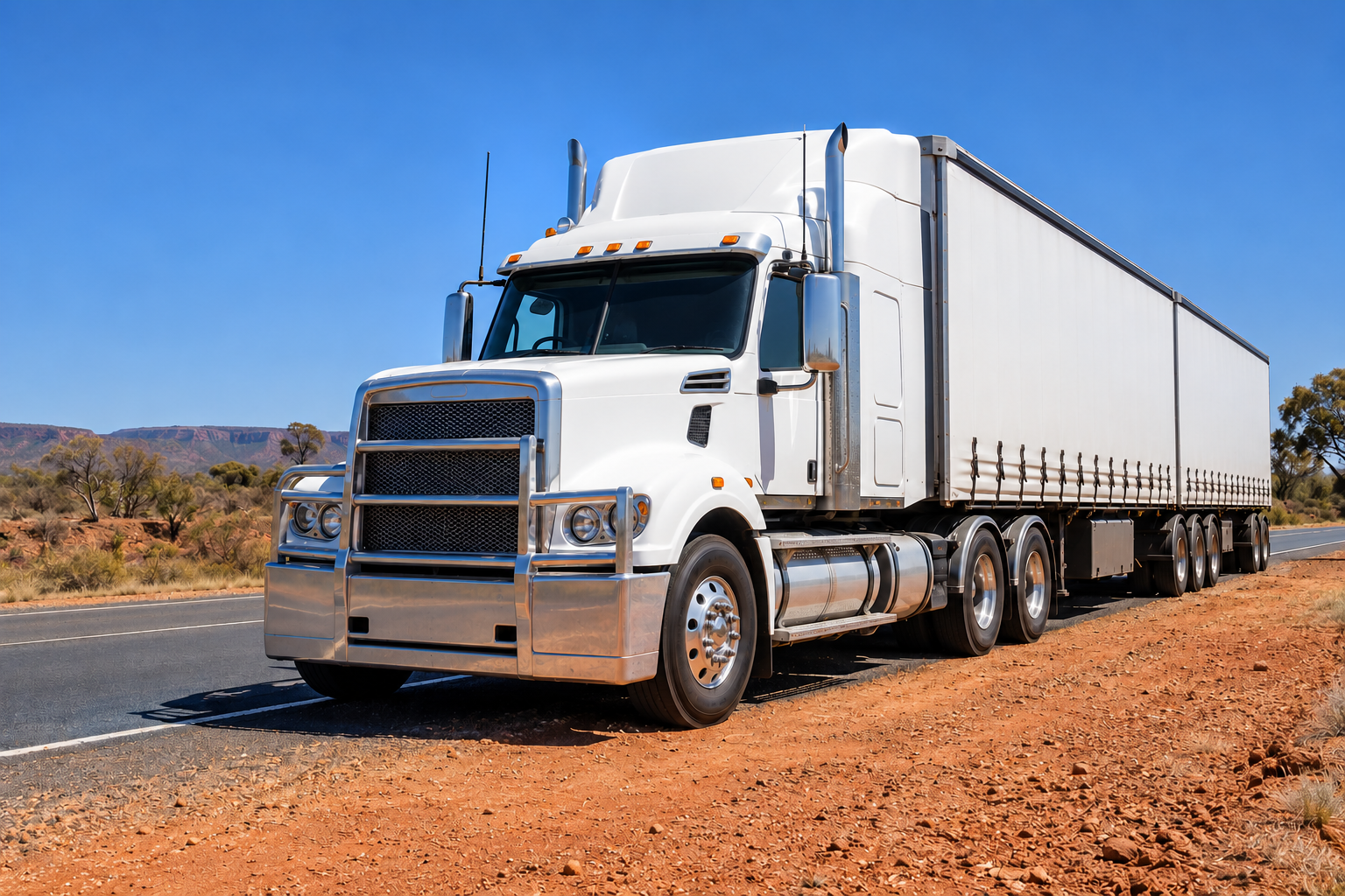 White prime mover and trailer parked beside an outback highway