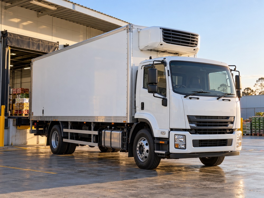 White refrigerated truck parked at a loading dock