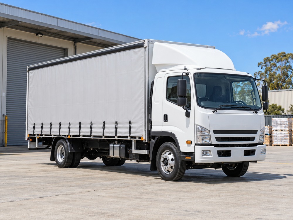 White rigid curtainsider truck parked outside a warehouse