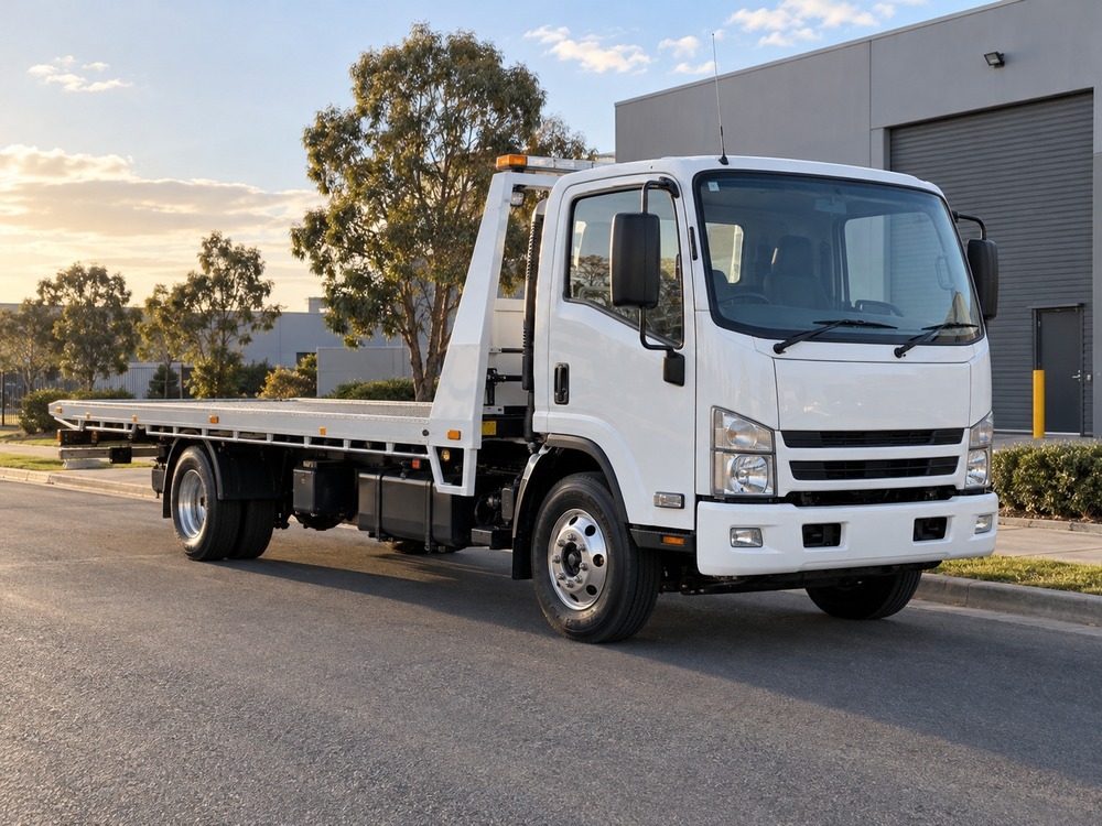 White tilt tray truck with an empty tray on an industrial street