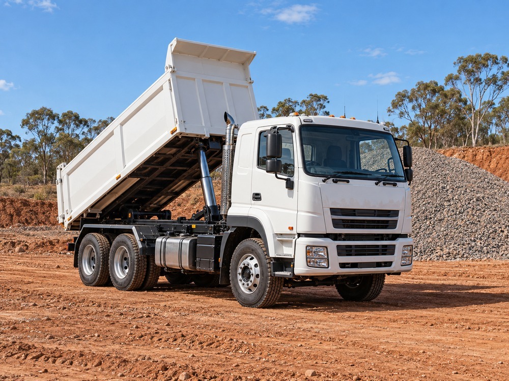 White tipper truck with its tray raised on a red dirt worksite