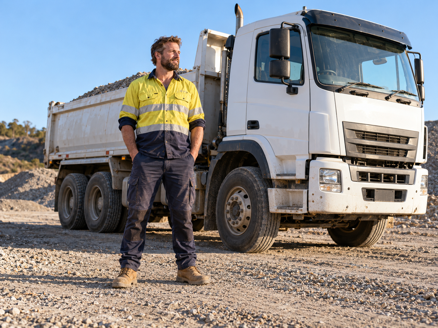 Owner-driver in hi-vis standing beside a white tipper truck on a gravel worksite