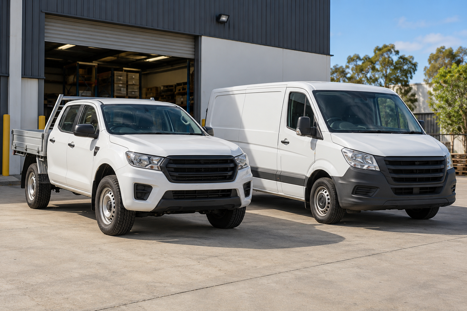 White tray-back ute and delivery van parked outside a warehouse