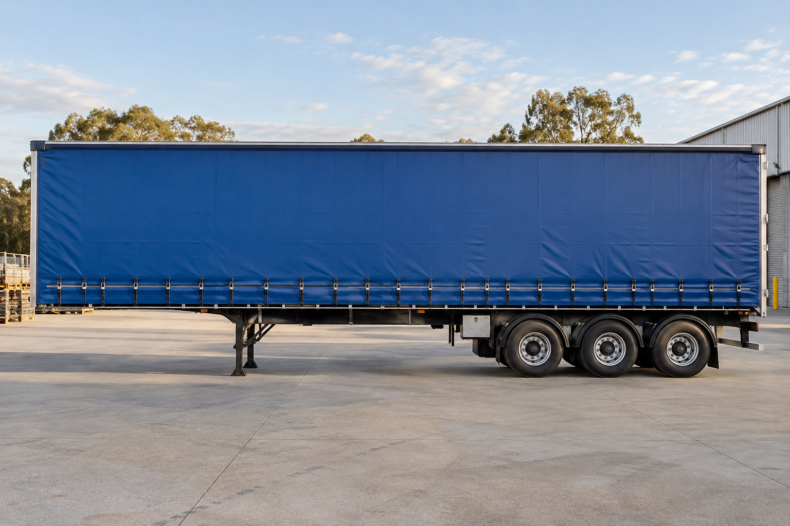 Blue curtainsider trailer standing in a freight yard