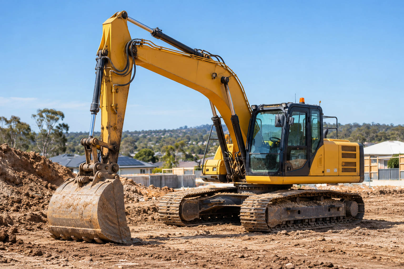 Yellow excavator on a residential construction site