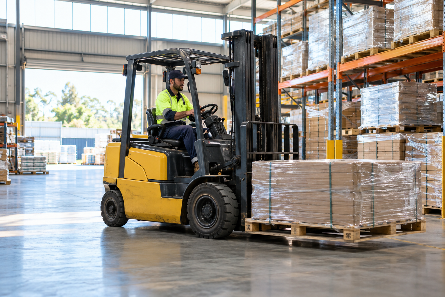 Operator driving a forklift carrying a wrapped pallet in a warehouse