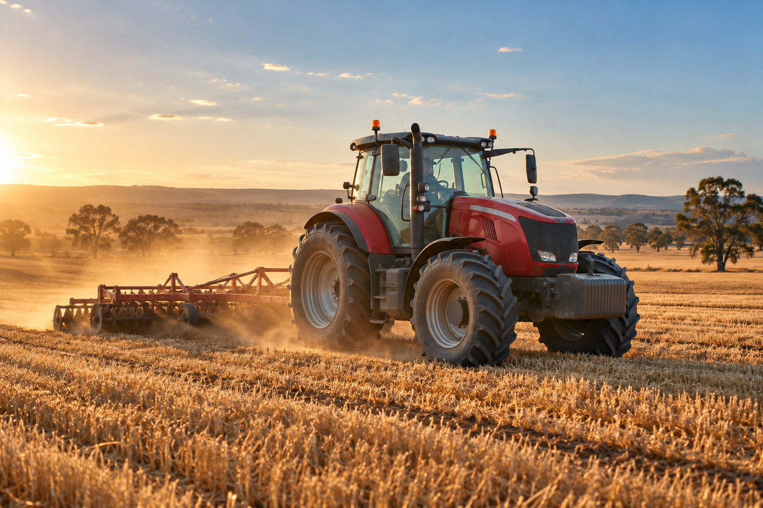 Red tractor pulling an implement through a stubble paddock at sunset